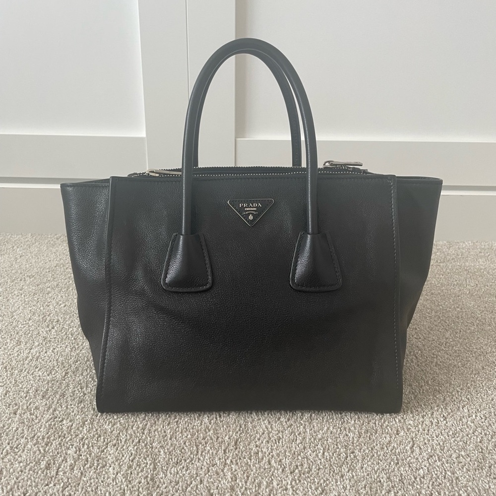 Black Prada Glace Leather Twin Tote Bag Purse